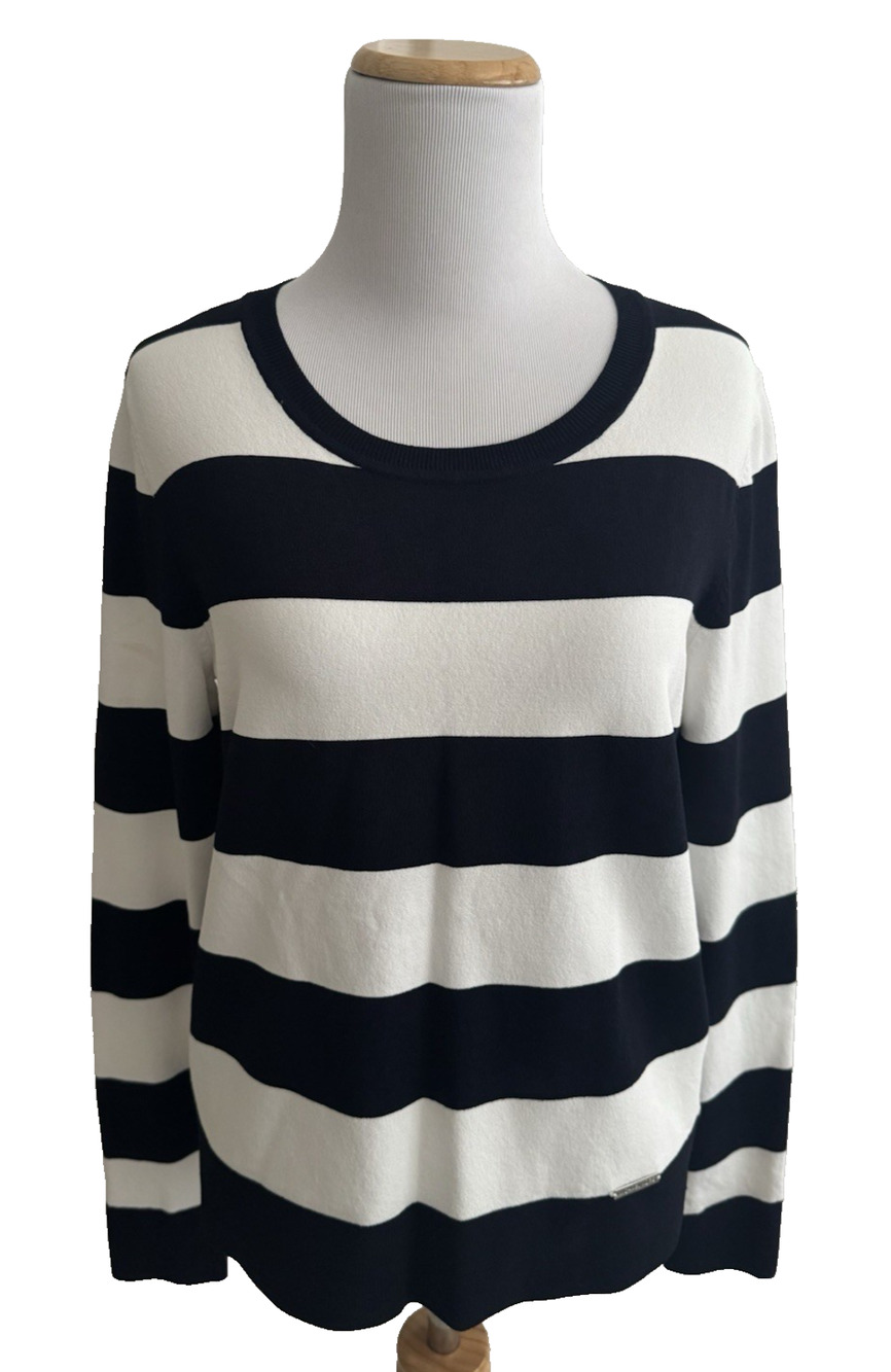 Michael Kors Pullover Sweater M Black White Stripe Rayon Stretch Long Sleeve